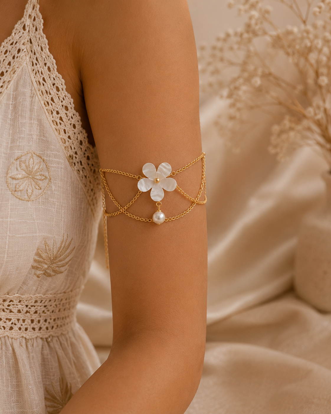 Pearl Flower Arm Cuff | Gold Draped Chain Armlet for Women