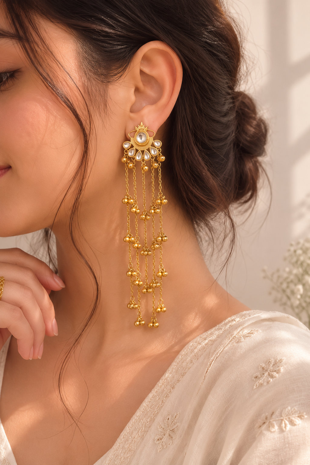 Kundan Gold Chain Tassel Earrings | Long Bridal Statement Earrings