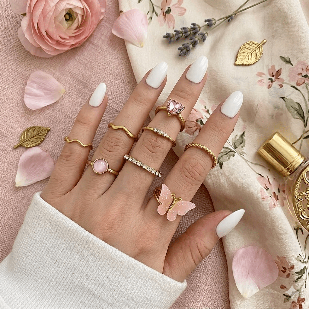 Romantic Blush & Gold Statement Ring Set – Butterfly, Crystal & Heart Motif Collection - Pettlez Jewellery