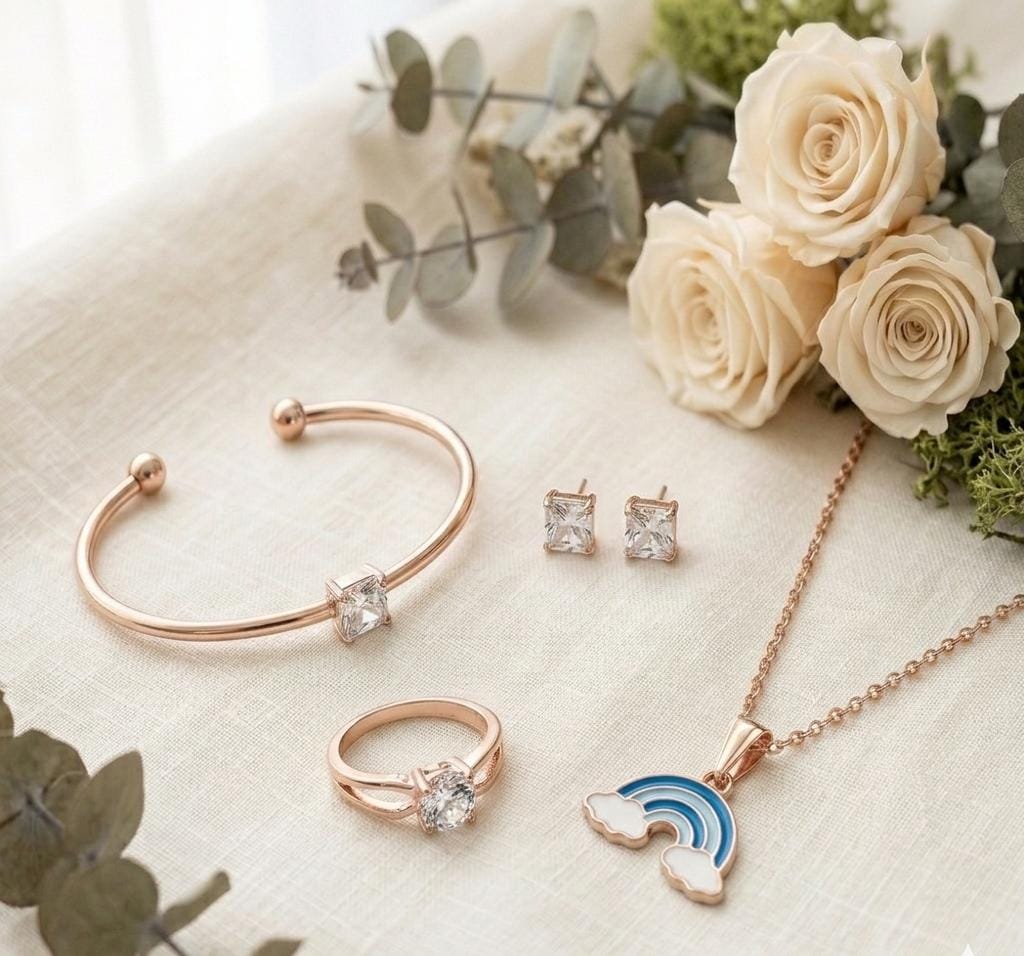 Rose Gold 4-Piece Jewellery Set — Bracelet, Ring, Stud Earrings & Rainbow Pendant Necklace - Pettlez Jewellery
