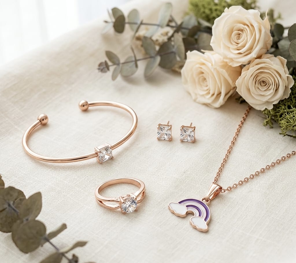 Rose Gold 4-Piece Jewellery Set — Bracelet, Ring, Stud Earrings & Rainbow Pendant Necklace - Pettlez Jewellery