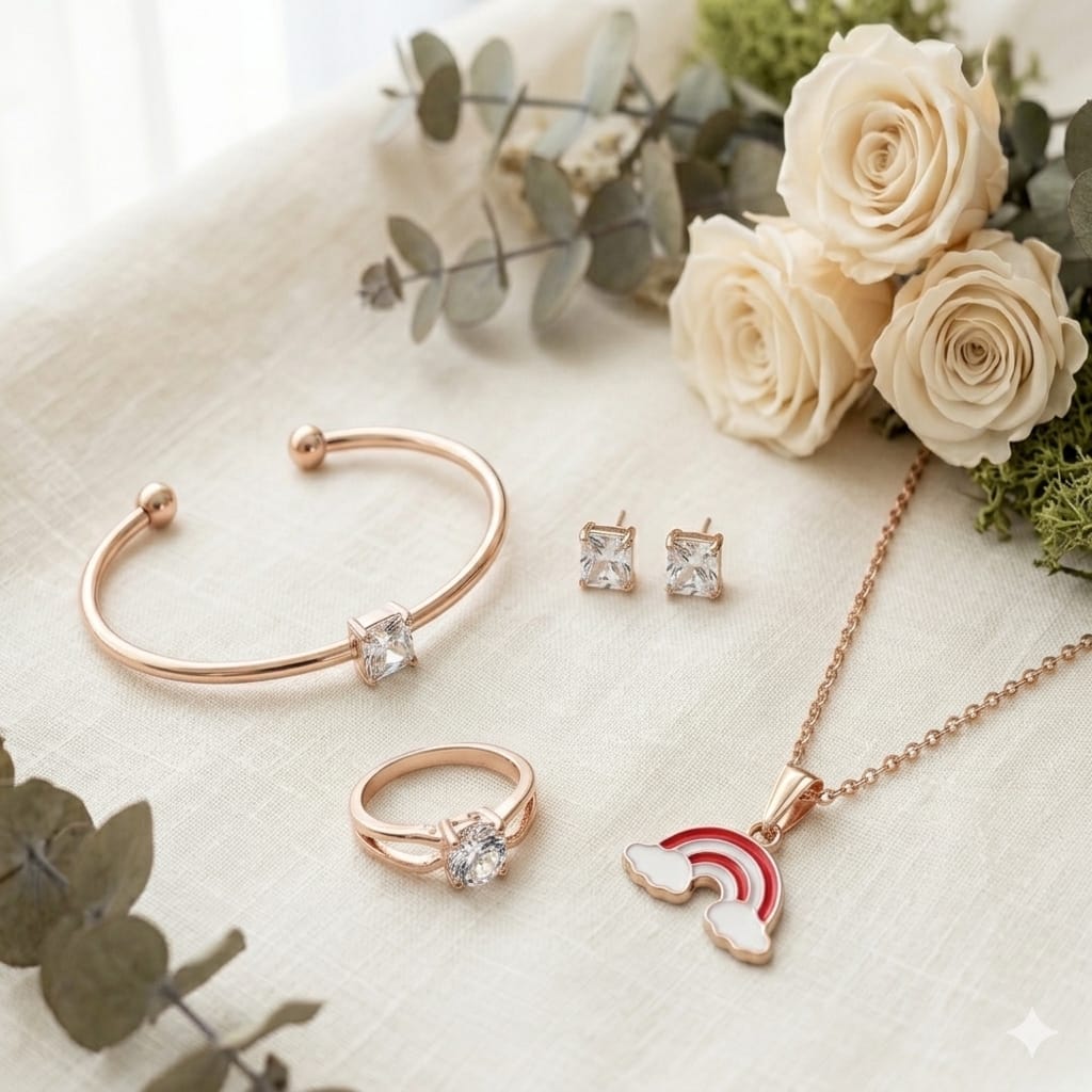 Rose Gold 4-Piece Jewellery Set — Bracelet, Ring, Stud Earrings & Rainbow Pendant Necklace - Pettlez Jewellery