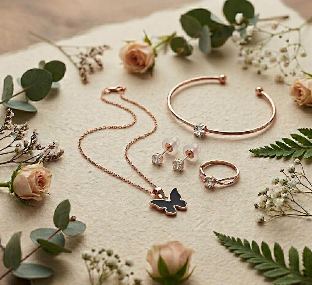Rose Gold 4-Piece Jewellery Set — Butterfly Pendant, Solitaire Bracelet, Stud Earrings & Statement Ring - Pettlez Jewellery