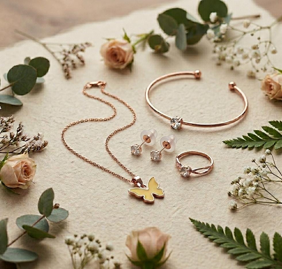 Rose Gold 4-Piece Jewellery Set — Butterfly Pendant, Solitaire Bracelet, Stud Earrings & Statement Ring - Pettlez Jewellery
