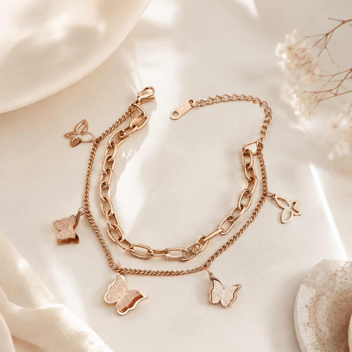 Rose Gold Butterfly Charm Bracelet | Layered Chain Bracelet for Women - Pettlez Jewellery