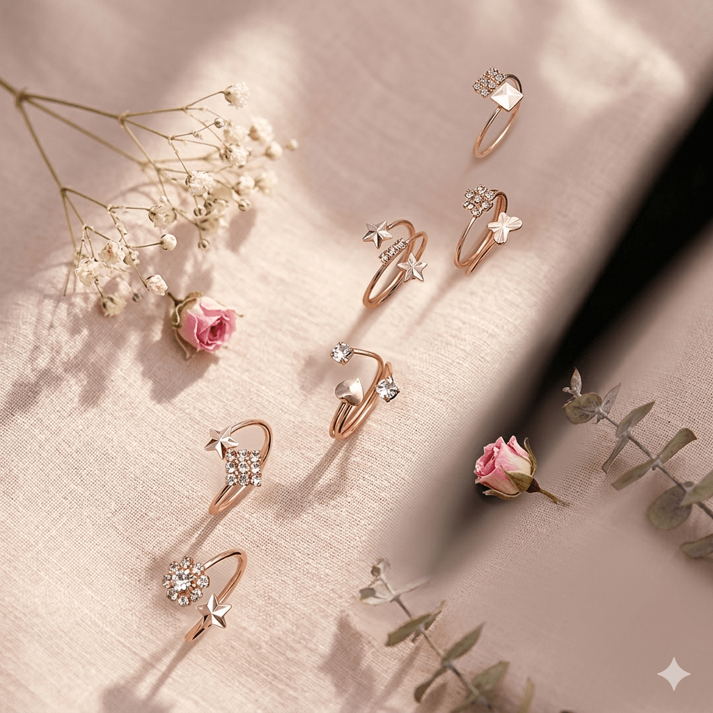 Rose Gold Celestial & Floral Open Ring Collection – Crystal Embellished Luxury Statement Bands - Pettlez Jewellery