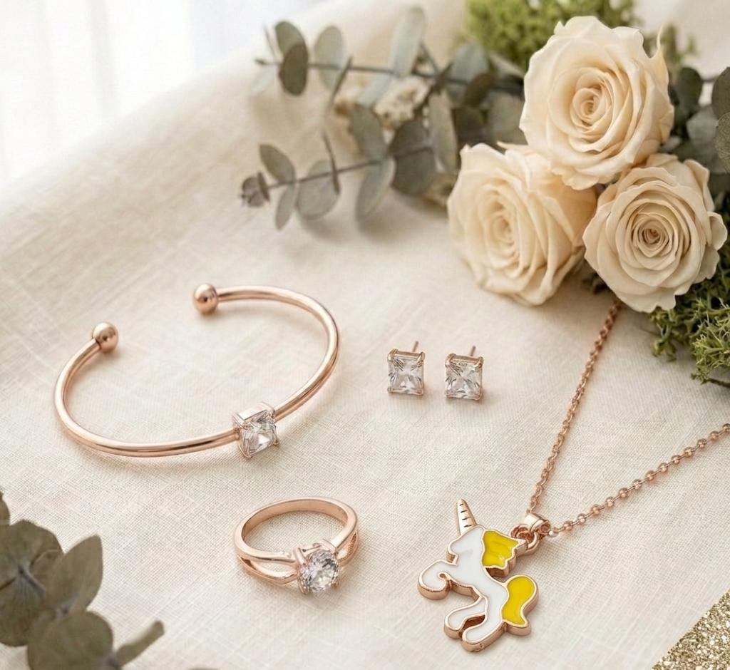Rose Gold Crystal Unicorn Pendant Necklace & Jewellery Gift Set (4-Piece) - Pettlez Jewellery