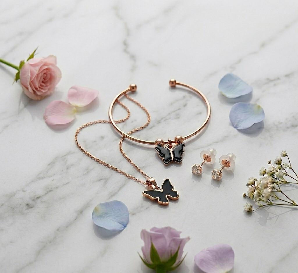 Rose Gold-Tone Black Enamel Butterfly Charm Pendant Necklace, Cuff Bangle Bracelet & CZ Stud Earrings Jewellery Set (3-Piece) - Pettlez Jewellery