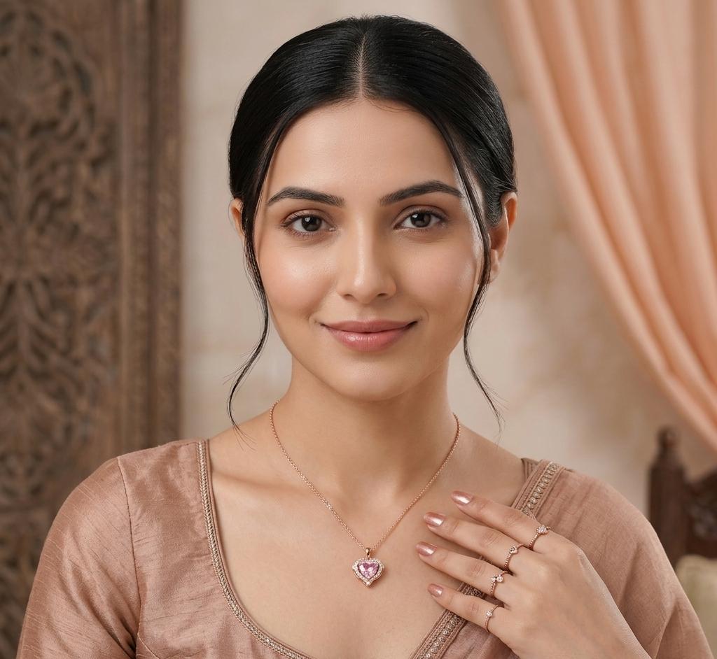 Rose Gold-Tone Pink Heart-Cut CZ Solitaire Halo Pendant Necklace with Cable Chain - Pettlez Jewellery