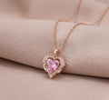 Rose Gold-Tone Pink Heart-Cut CZ Solitaire Halo Pendant Necklace with Cable Chain - Pettlez Jewellery