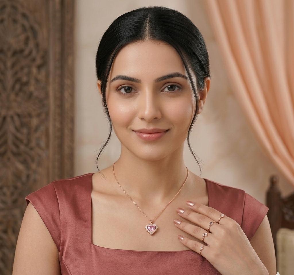 Rose Gold-Tone Pink Heart-Cut CZ Solitaire Halo Pendant Necklace with Cable Chain - Pettlez Jewellery