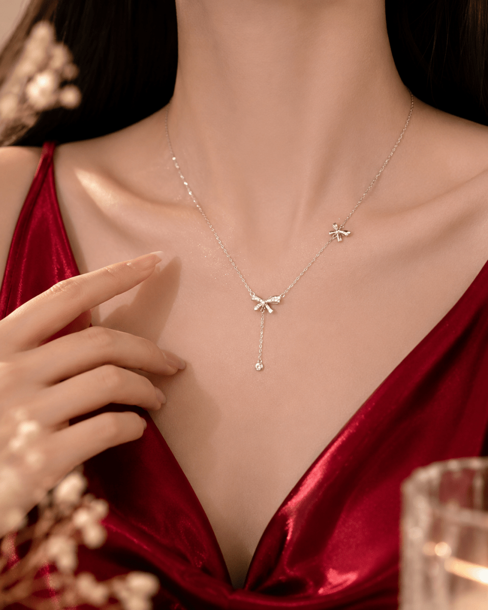 Silver Bow Y Necklace | CZ Bow Drop Necklace for Women - Pettlez Jewellery