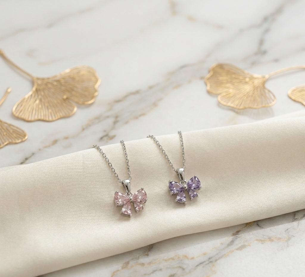 Silver-Tone Pear-Cut CZ Crystal Bow Ribbon Pendant Necklace — Available in Blush Pink & Lavender Purple - Pettlez Jewellery