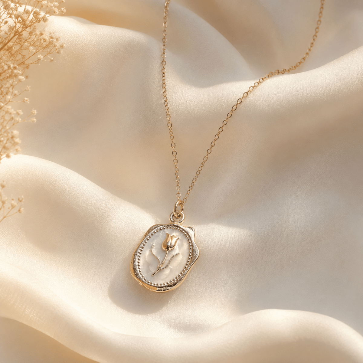 Tulip Wax Seal Pendant Necklace | Gold Coin Charm for Women - Pettlez Jewellery