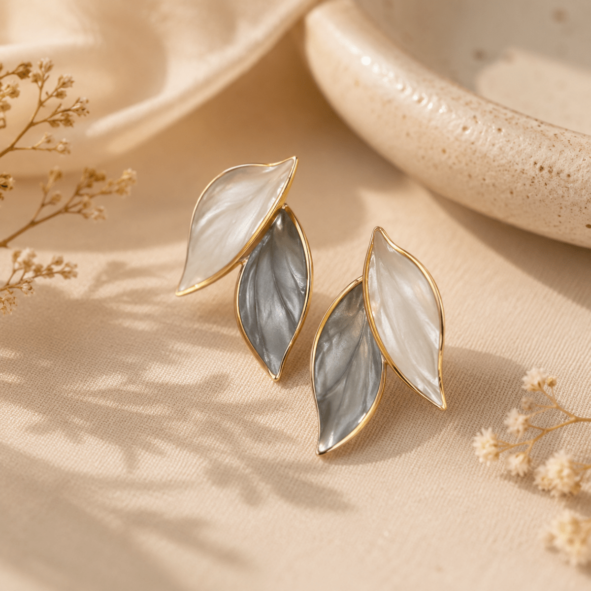 Two Tone Leaf Earrings | Gold Rimmed Statement Studs for Women - Pettlez Jewellery