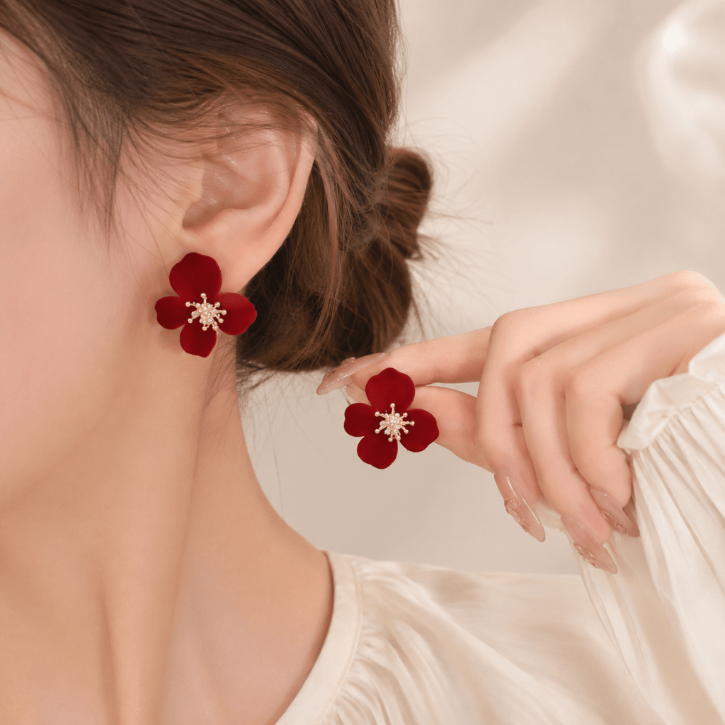 Velvet Flower Stud Earrings | Oversized Floral Statement Earrings for Women - Pettlez Jewellery