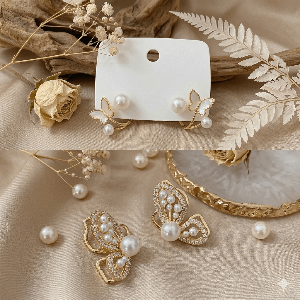 Viral Korean Style Gold-Plated Butterfly Pearl & CZ Stud Earrings – Luxury Aesthetic Trend - Pettlez Jewellery